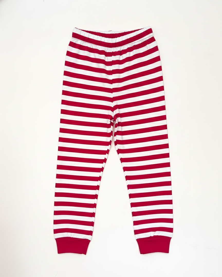 Red and white striped pants on a white background.