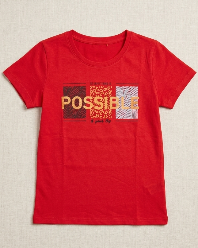 Red T-shirt with Possible print placed on the light beige background