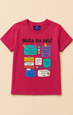 Red T-shirt with doodle art of Note placed on the light beige background
