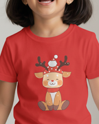 Red t-shirt with a cartoon reindeer design on a plain background