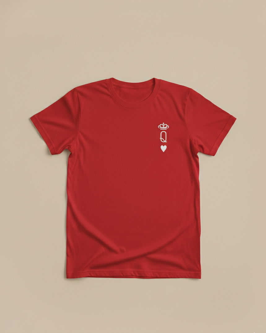 Red t-shirt with a small white graphic on a beige background