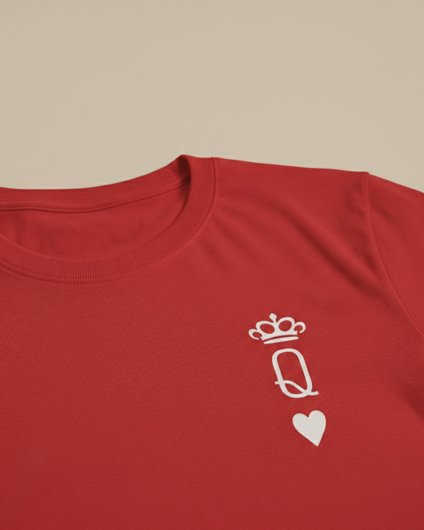 Red t-shirt with a white logo on a beige background