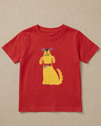 Red t-shirt with a yellow dog graphic on a beige background