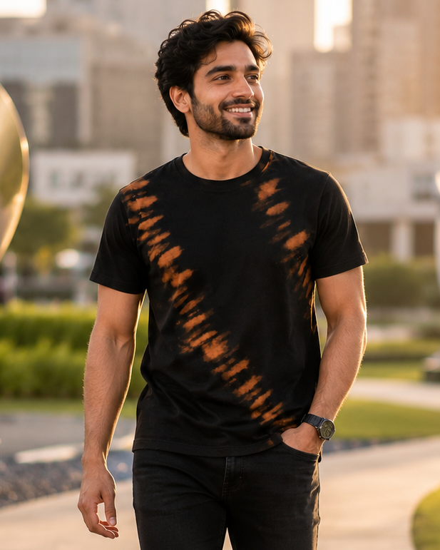 Mam wearing a Ribbed Ridge pattern Black Regular Fit T-shirt  walking in residential area 