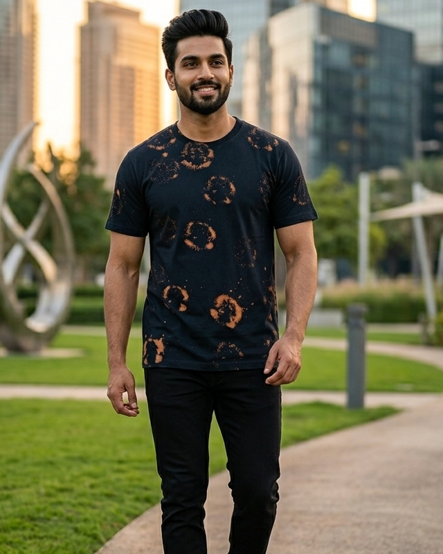 Man wearing Rust Ring effect  Black Regular fit cotton T-shirt 