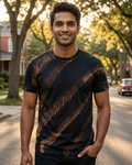 Man wearing a pattern of Rust Streak effect Acid wash t-shirt 