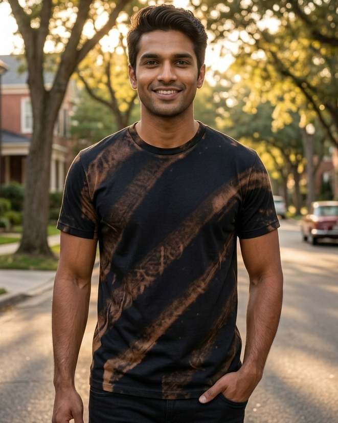 Man wearing a pattern of Rust Streak effect Acid wash t-shirt 