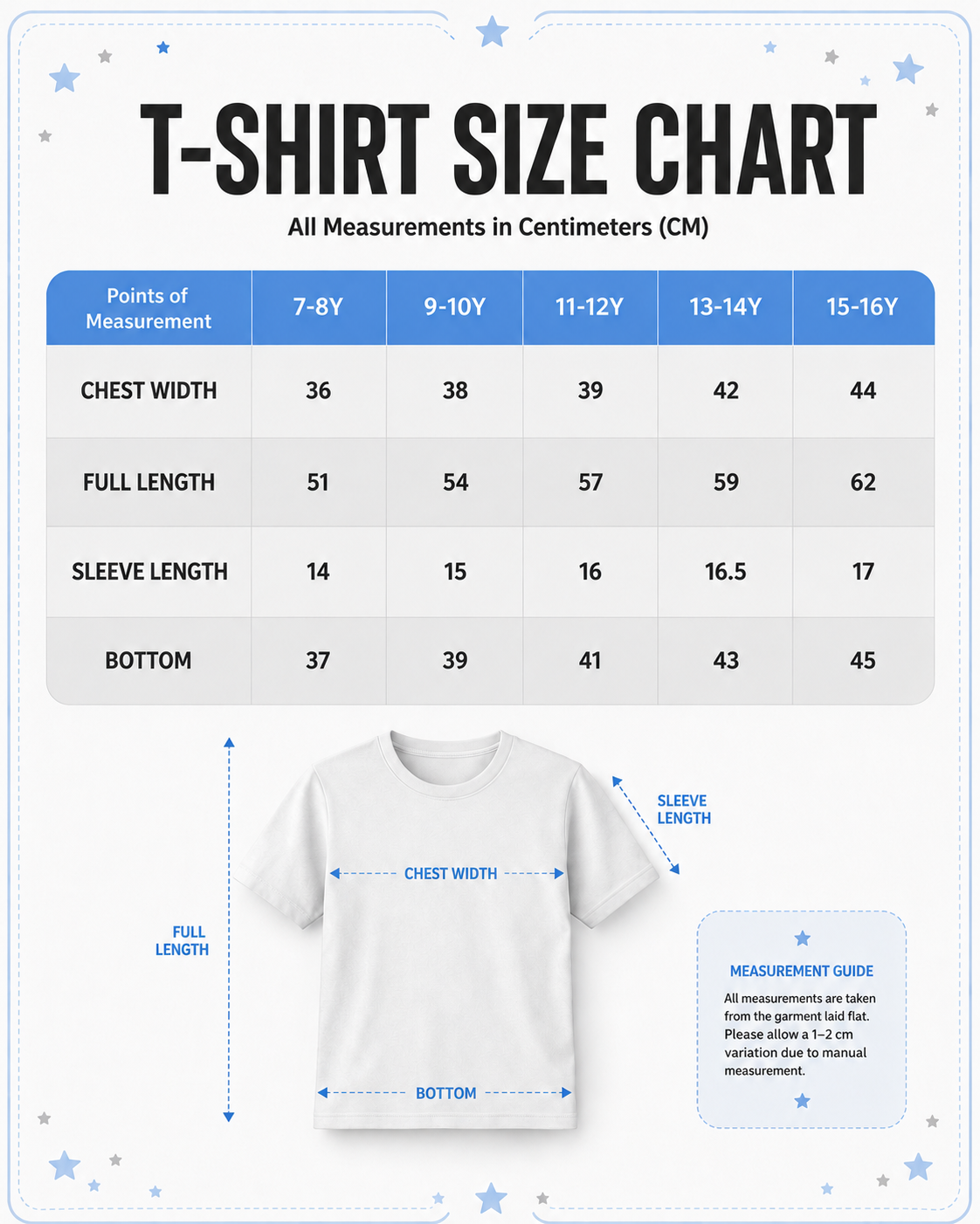 Size Chart for boy kids all measurements in centimeters