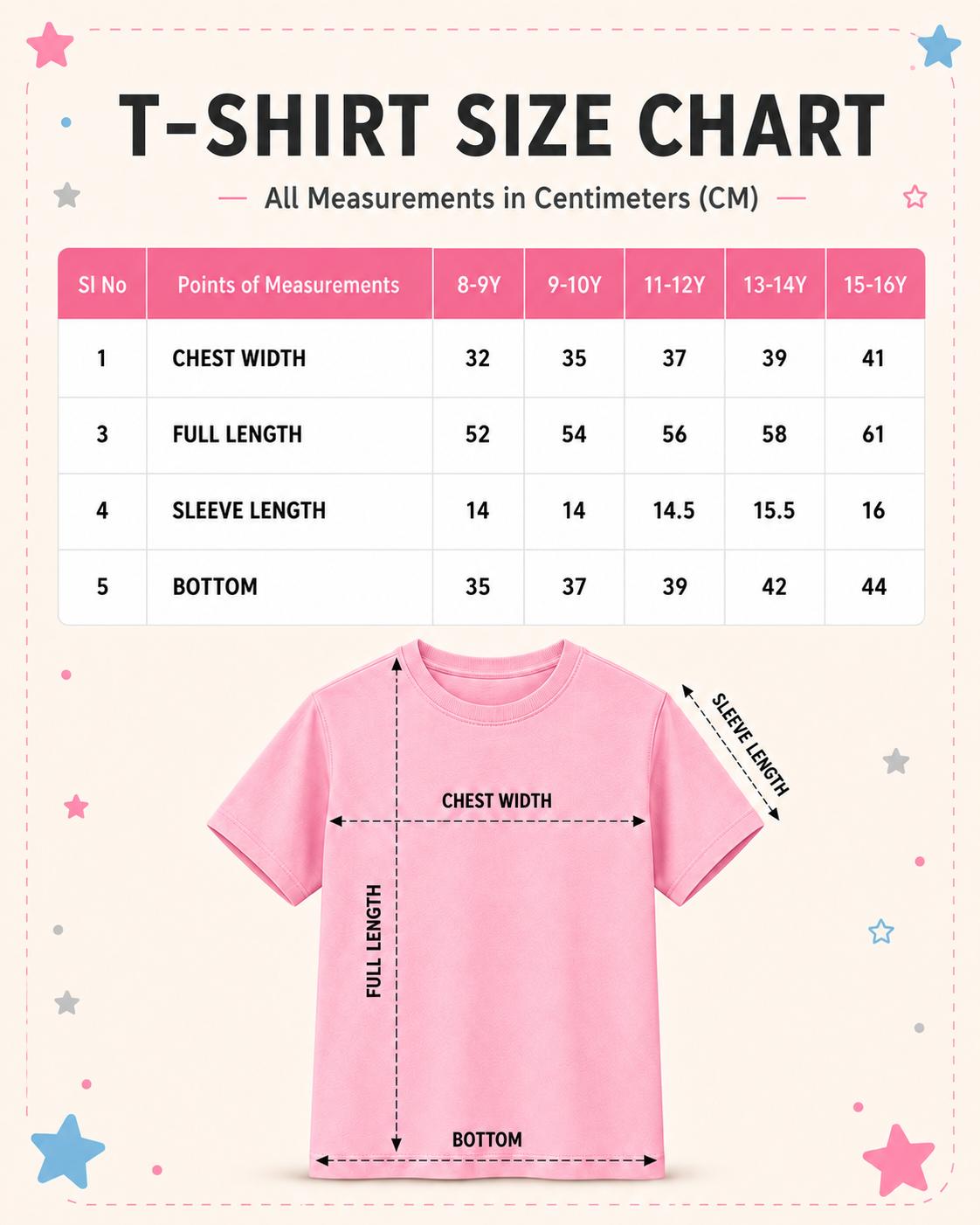 Size Chart for Girl kids all measurements in centimeters
