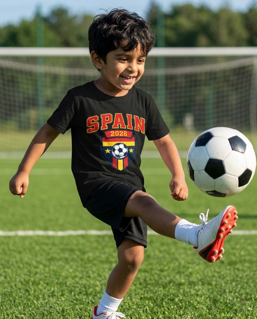 Child wearing a black t-shirt with 'SPAIN' printed on it in a colourful outdoor playground.