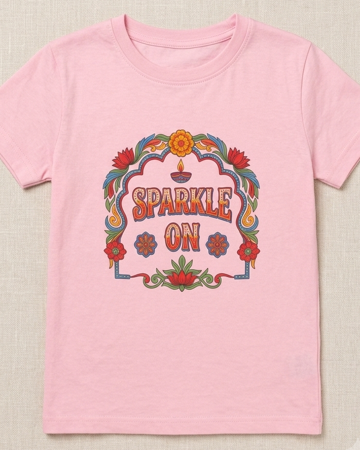 Sparkle Kids Pink T-shirt placed on the light beige background