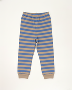 Striped pants with blue and beige stripes on a white background