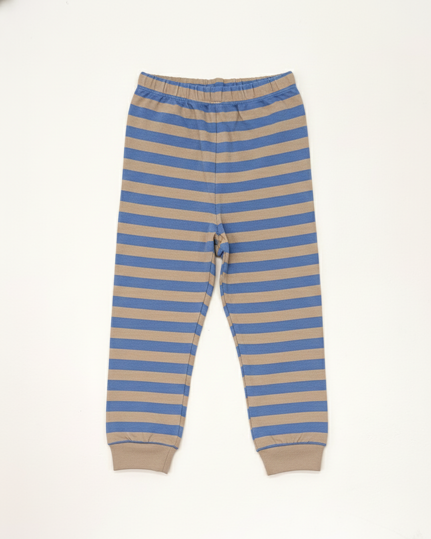 Striped pants with blue and beige stripes on a white background