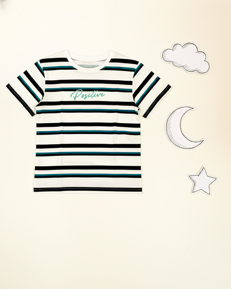 Striped t-shirt with text on a light background