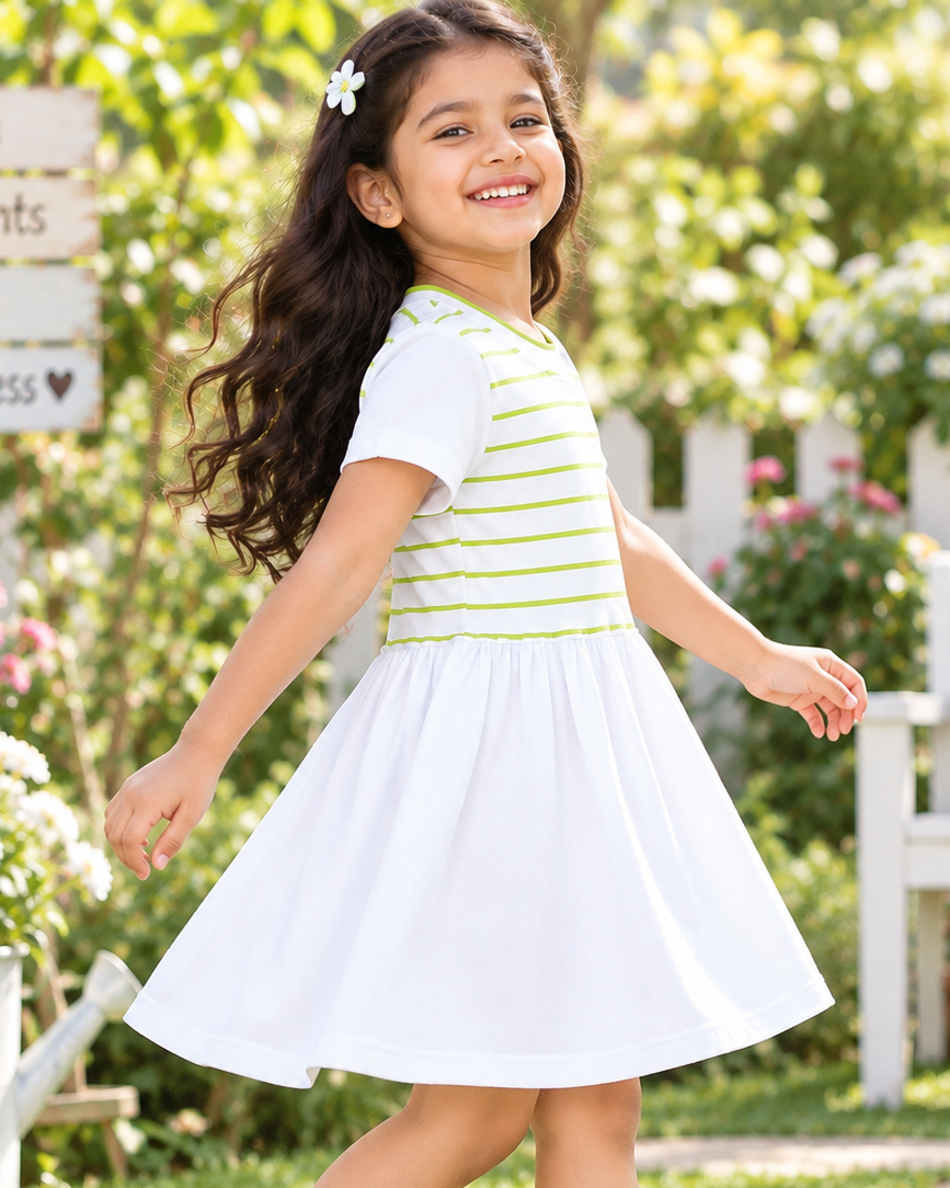 Stylish girls’ striped frock designed with a comfortable fit, short sleeves, and a playful flared skirt.