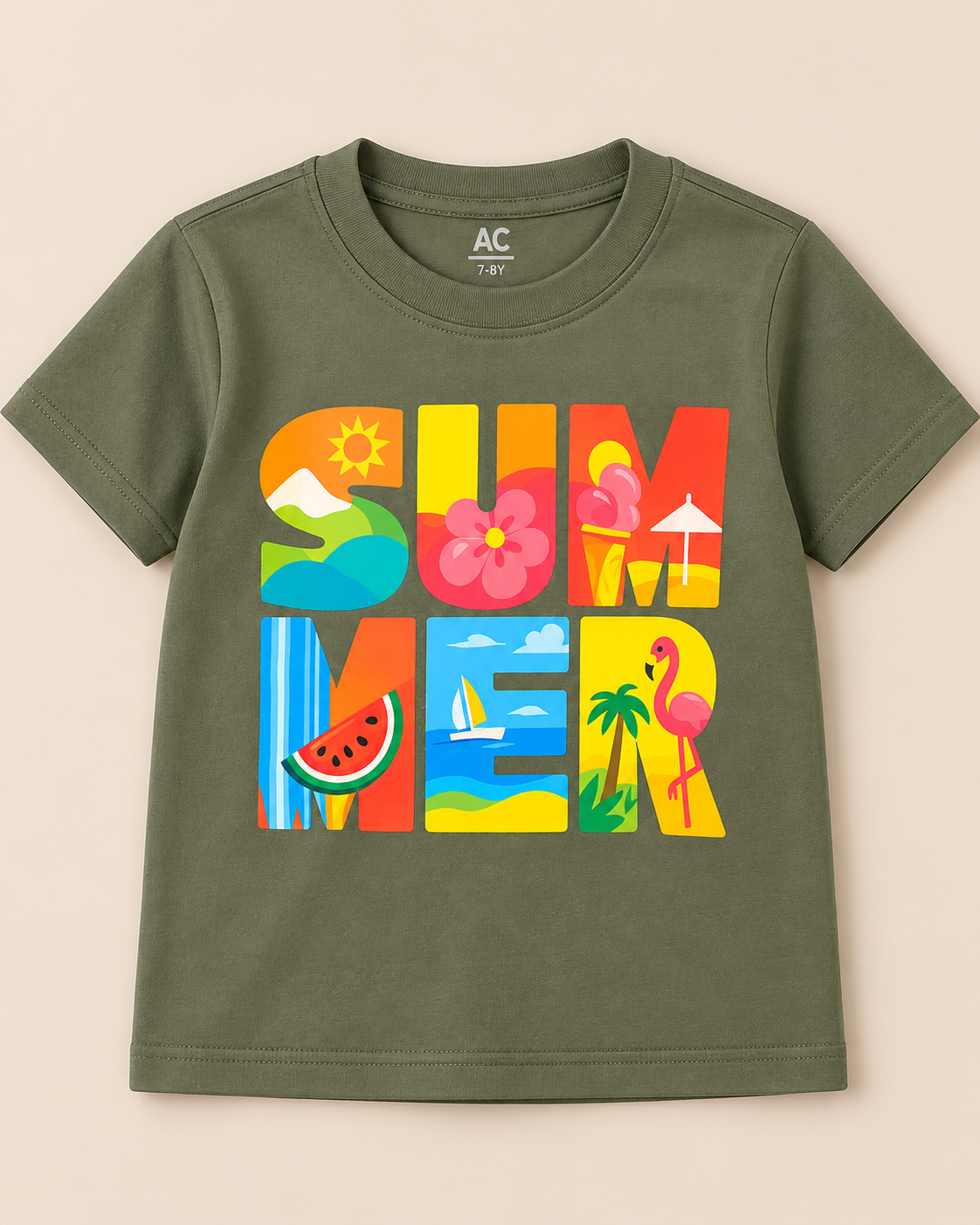 Summer Olive Green Half sleeve T-shirt placed on the light beige background