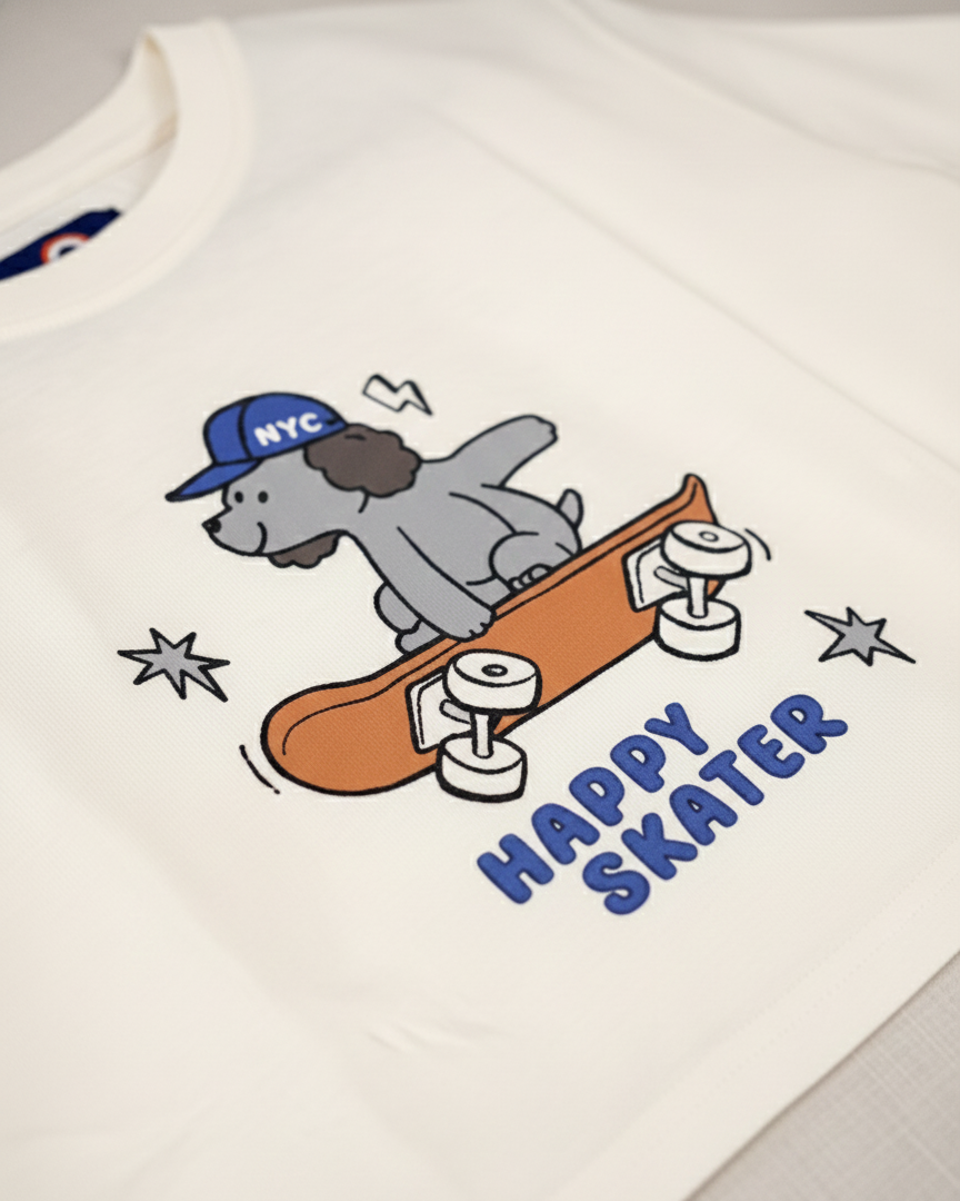 T-shirt with a dog on a skateboard graphic and 'Happy Skater' text on a white background