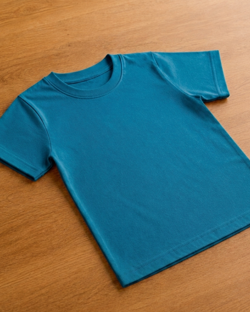 Teal Blue t shirt lie on grey background which focus of sleeve and neck part. 