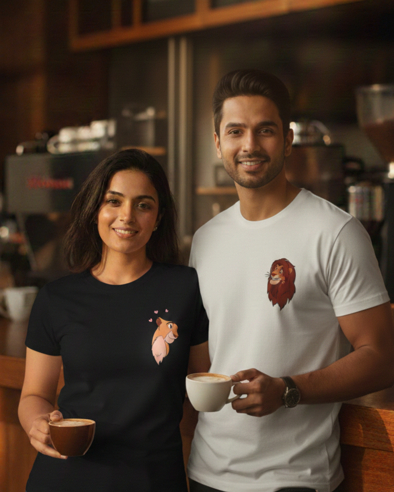 Two people standing in a coffee shop, holding coffee cups.
