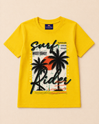 Yellow Colour T-shirt with Urban print design placed on the beige colour backgound