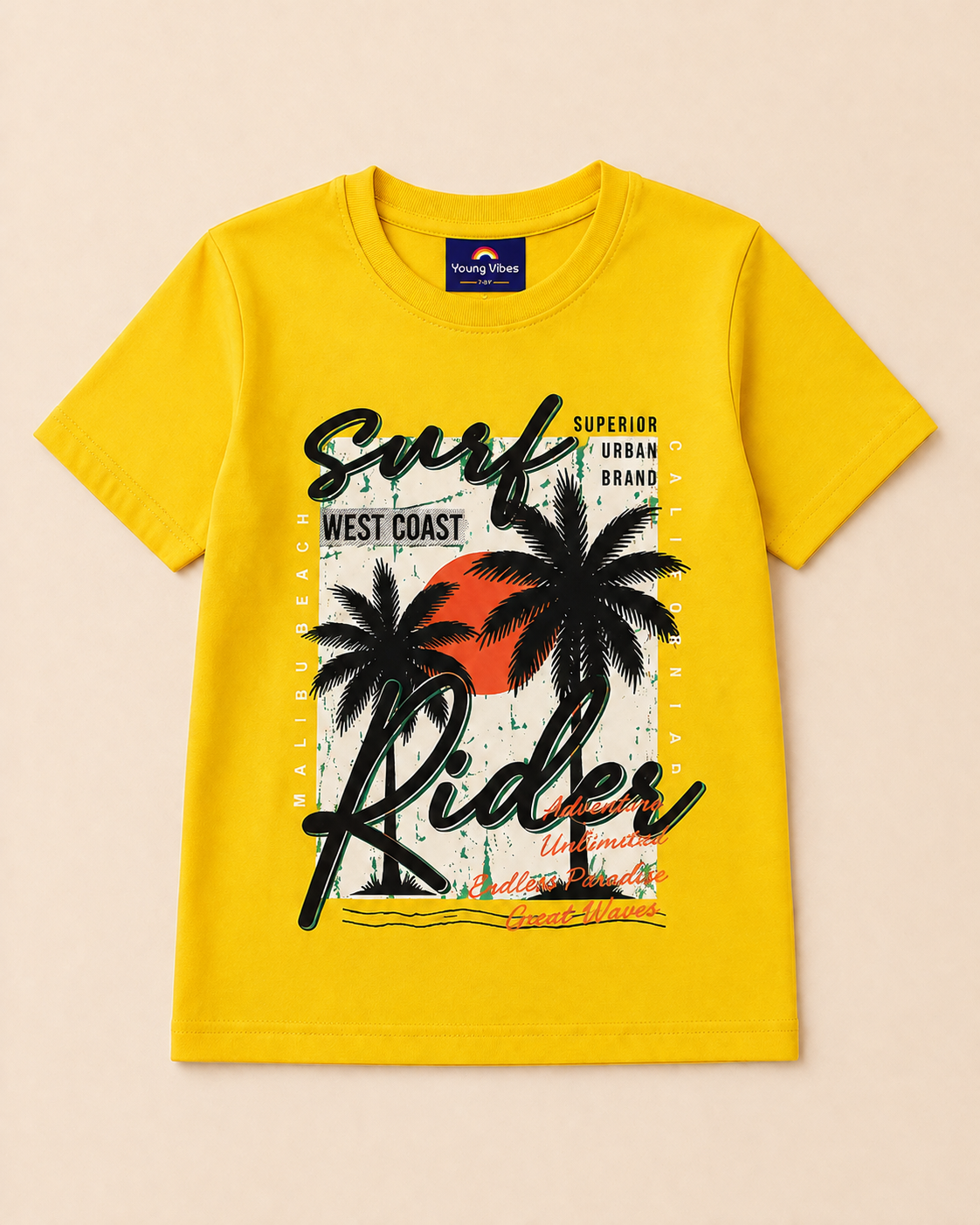 Yellow Colour T-shirt with Urban print design placed on the beige colour backgound