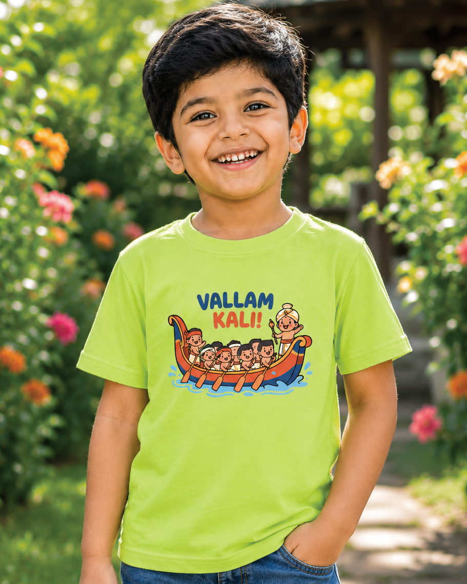 Boy wearing a Vallam Kali Light Green Kid's Half Sleeve T-Shirt
