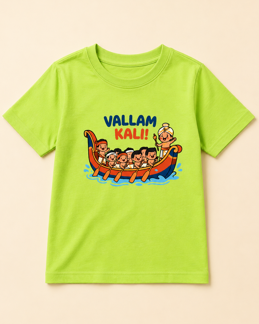 Vallam Kali Light Green Kid's Half Sleeve T-Shirt placed on the light beige background