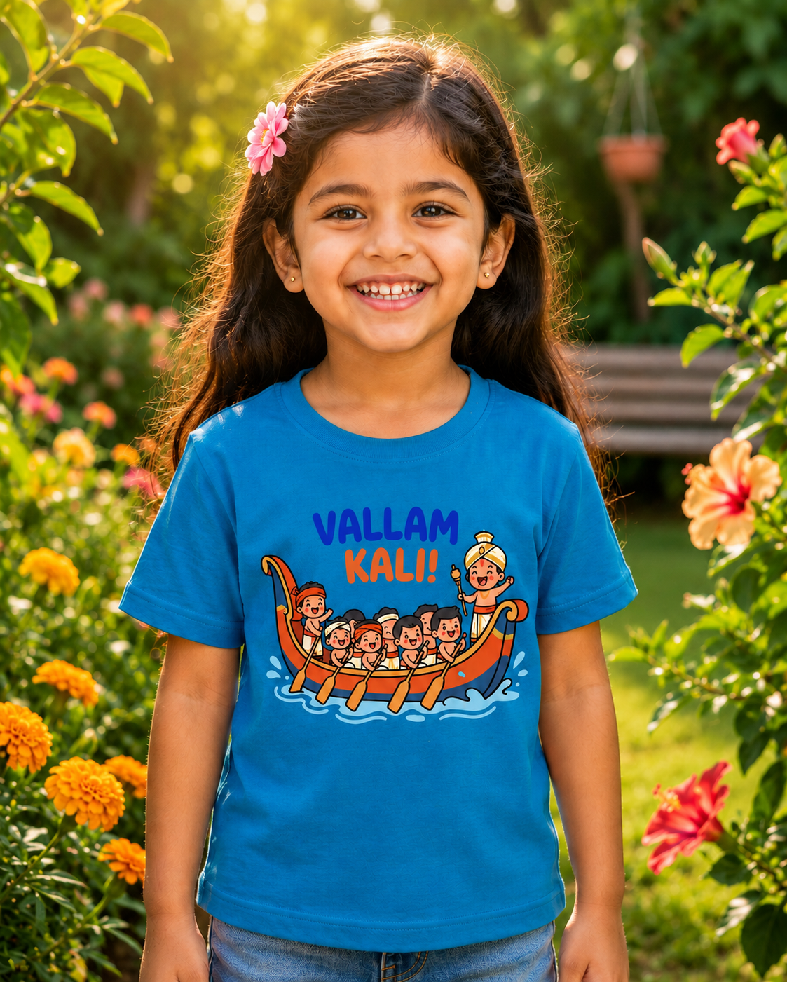 Girl wearing a Vallam kali Teal Blue Kid's Half Sleeve T-Shirt
