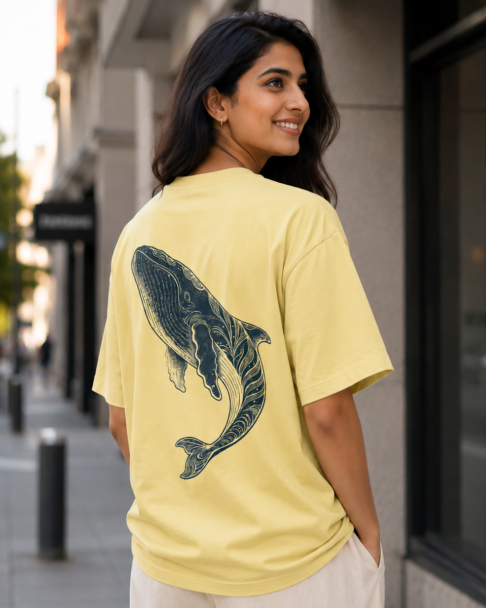 Backside view of Whale print yellow Oversized T-shirt 