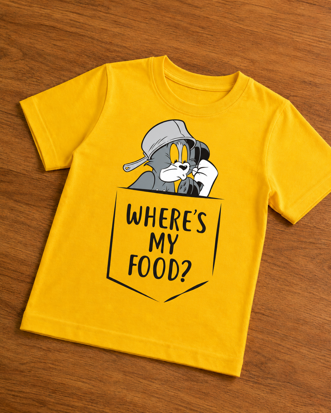 Where s my food  print in yellow t shirt