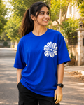 Women wearing a White Floral Royal Blue Oversized T-shirt