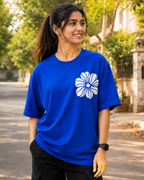 Women wearing a White Floral Royal Blue Oversized T-shirt
