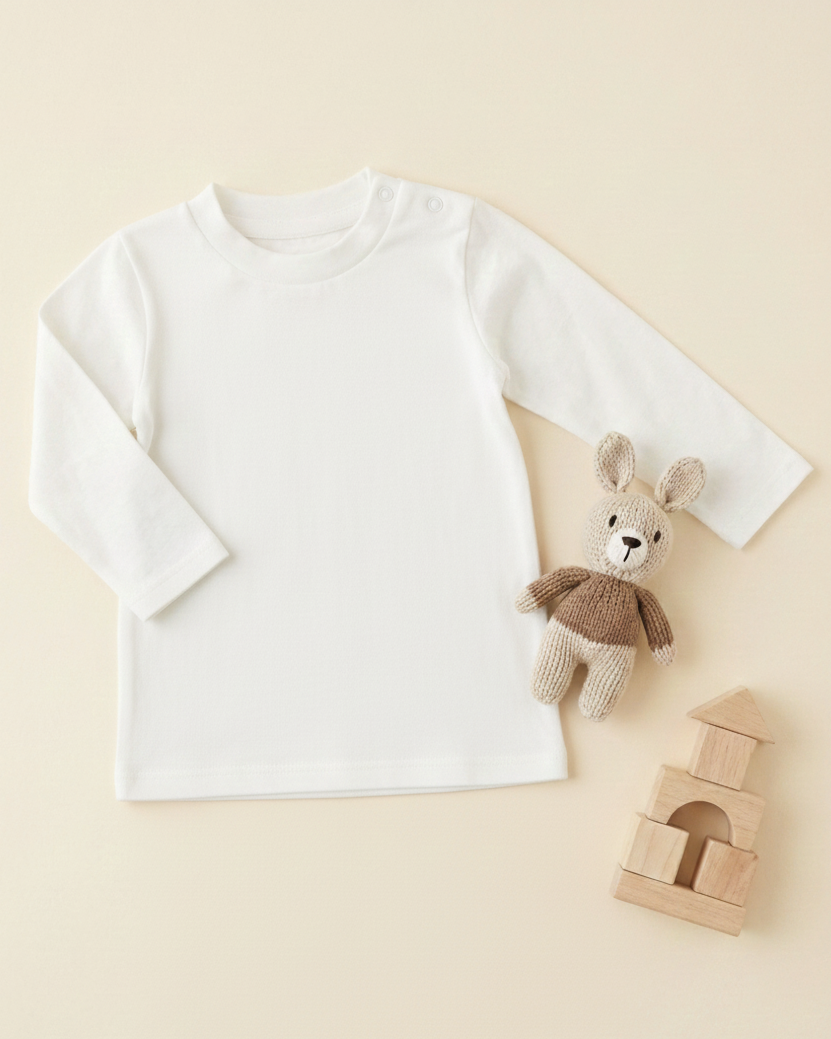 White long-sleeve shirt with a teddy bear and wooden blocks on a beige background