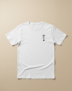 White t-shirt with a black logo on a beige background