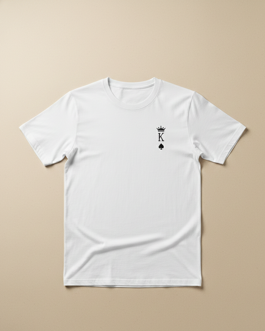 White t-shirt with a black logo on a beige background