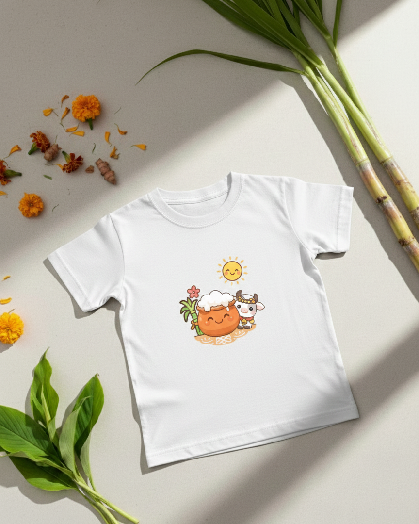 White t-shirt with a cartoon design featuring a sun, flowers, and a cat on a light surface with green leaves and flowers.