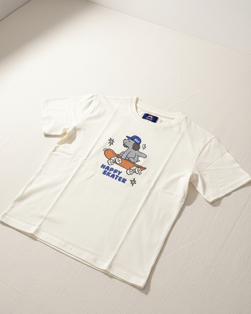 White t-shirt with a graphic design of a bear on a skateboard and text 'Happy Skater' on a light gray background.