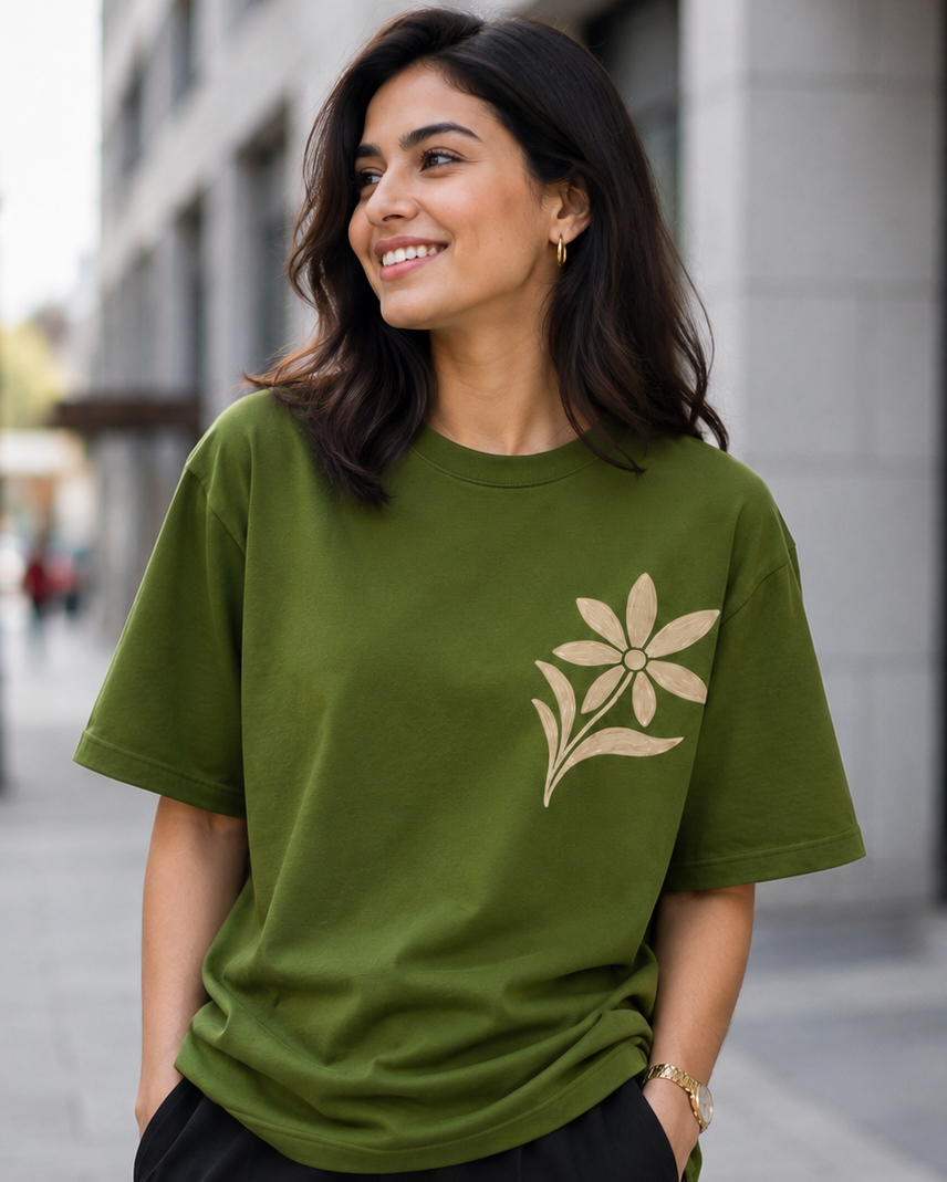 Woman wearing a Floral Print in Olive Green oversized T-shirt
