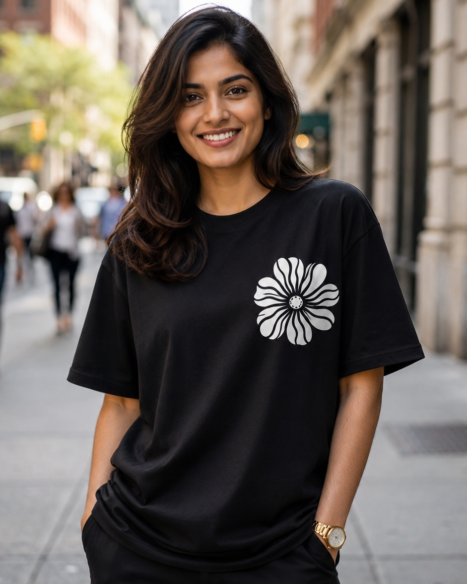 Woman wearing a No Rain No Forest Floral print Black Oversized T-shirt