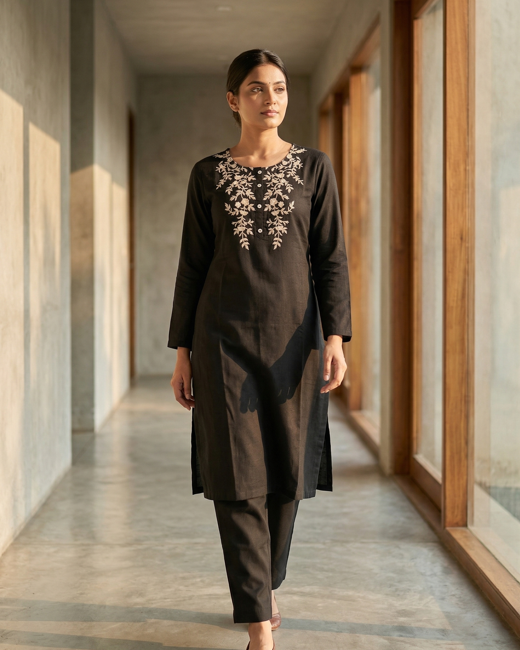 Woman in a black outfit with floral embroidery walking in a hallway.