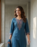 Woman in a blue traditional outfit standing in a well-lit room with large windows.