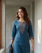Woman in a blue traditional outfit standing in a well-lit room with large windows.
