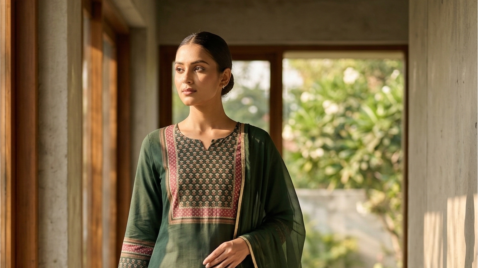 Woman in a green traditional outfit standing in a sunlit room with large window