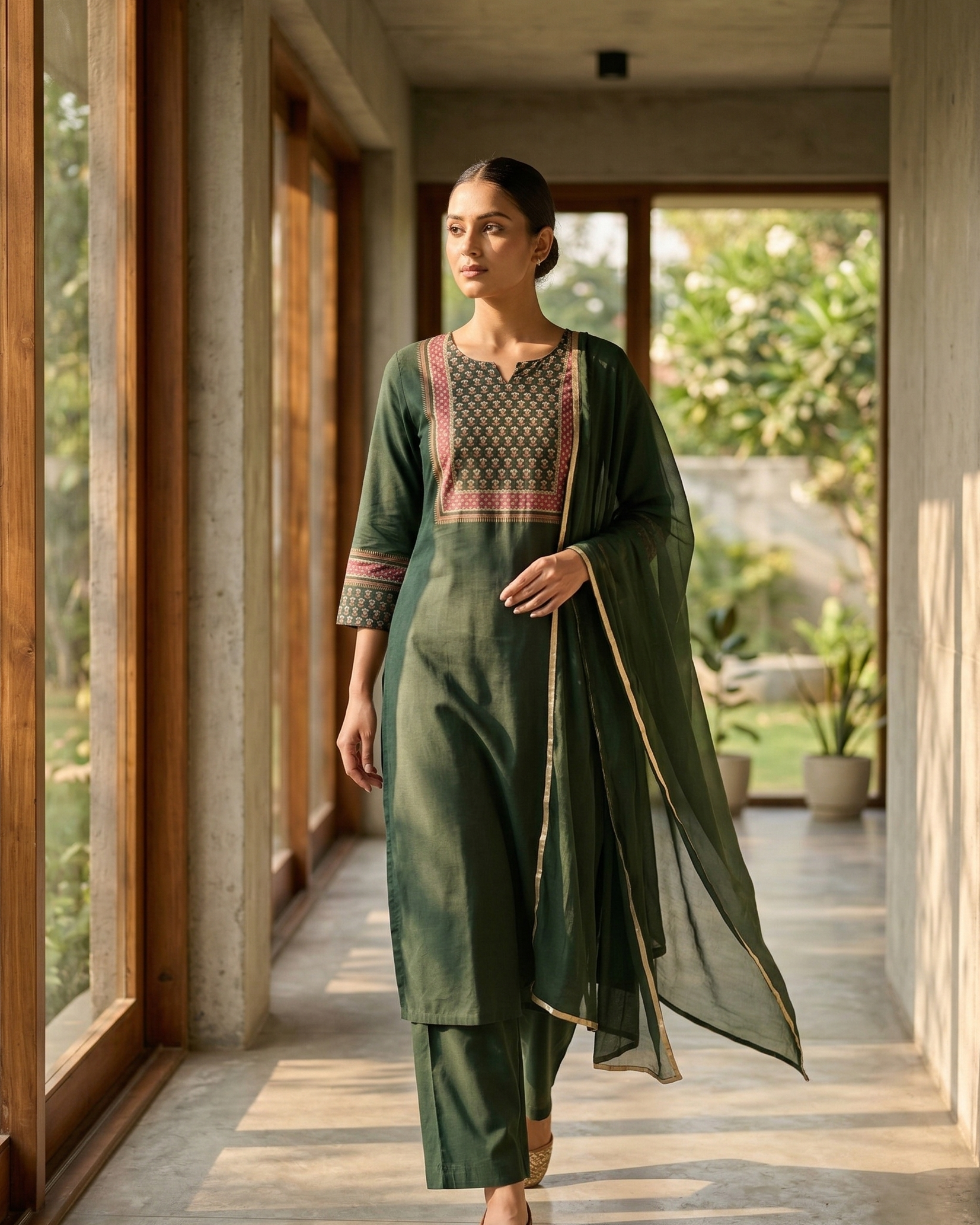 Woman in a green traditional outfit standing in a sunlit room with large windows.