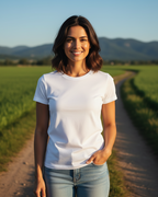 Woman in a white t-shirt standing on a dirt path with green fields and mountains in the background