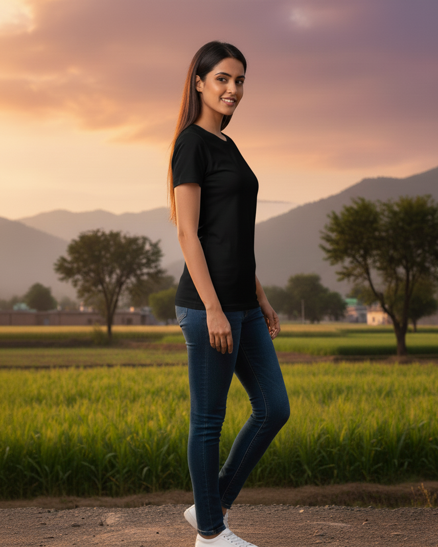 Woman in black t-shirt and blue jeans standing in a field with mountains in the background