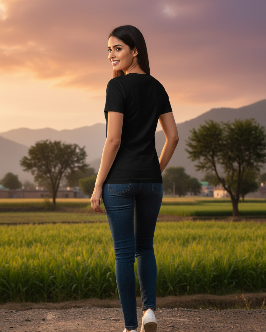 Woman in black t-shirt and blue jeans standing in a field with mountains in the background