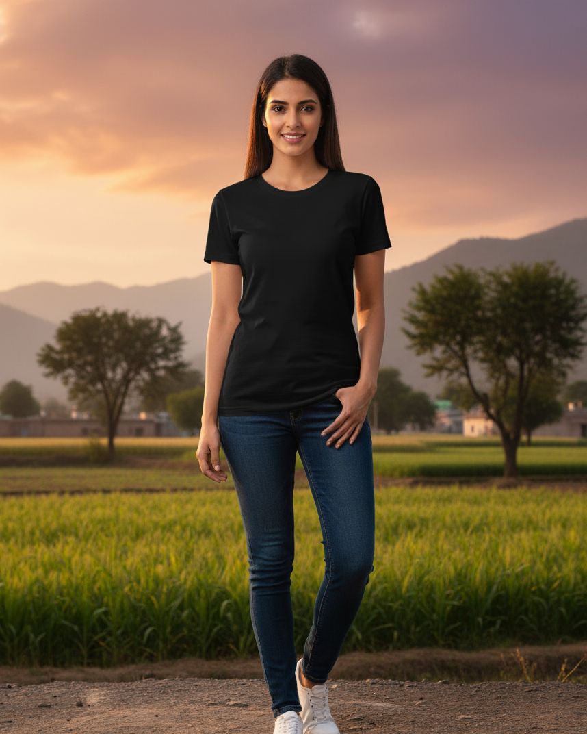 Woman in black t-shirt and blue jeans standing in a field with mountains in the background