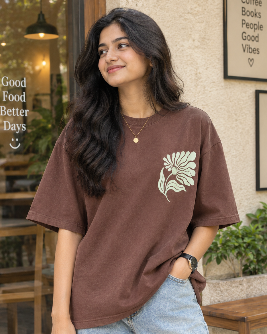 Woman wearing white floral print in Brown Oversized T-shirt