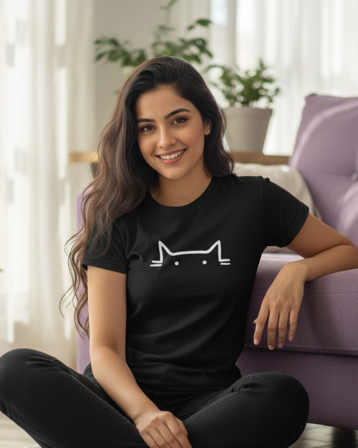 Woman sitting on the floor wearing a black t-shirt with a white graphic design.
